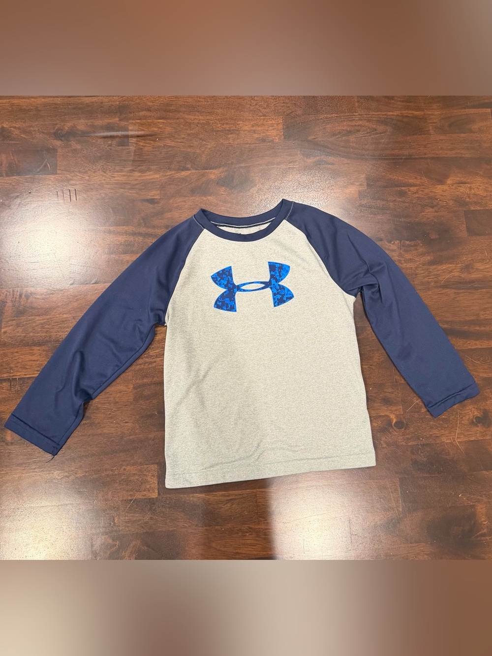 Under Armour Gray Body Navy Raglan Tee with Blue Logo